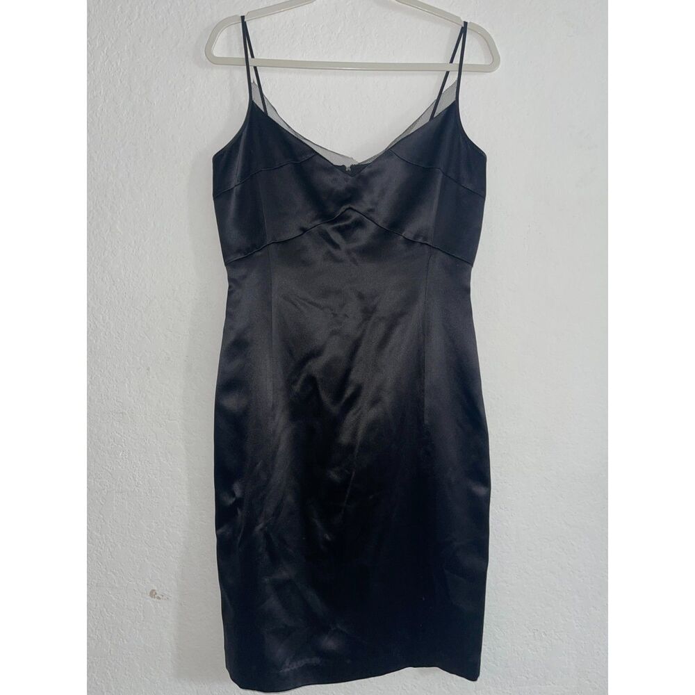 Kenneth Cole Women's Blk Satin Mini Dress Sheer Neckline & Spaghetti Straps Sz6
